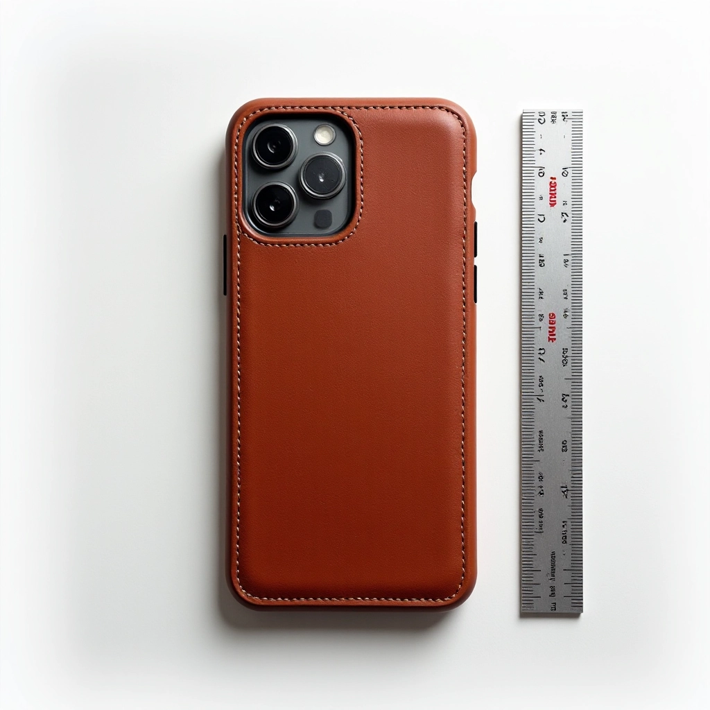 Flat lay photography showing leather iPhone case dimensions with measurement guide, ruler, and phone for scale reference