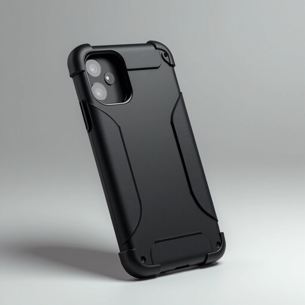Matte black rugged phone case displayed at angle on light grey background, highlighting textured grip pattern and reinforced corner details